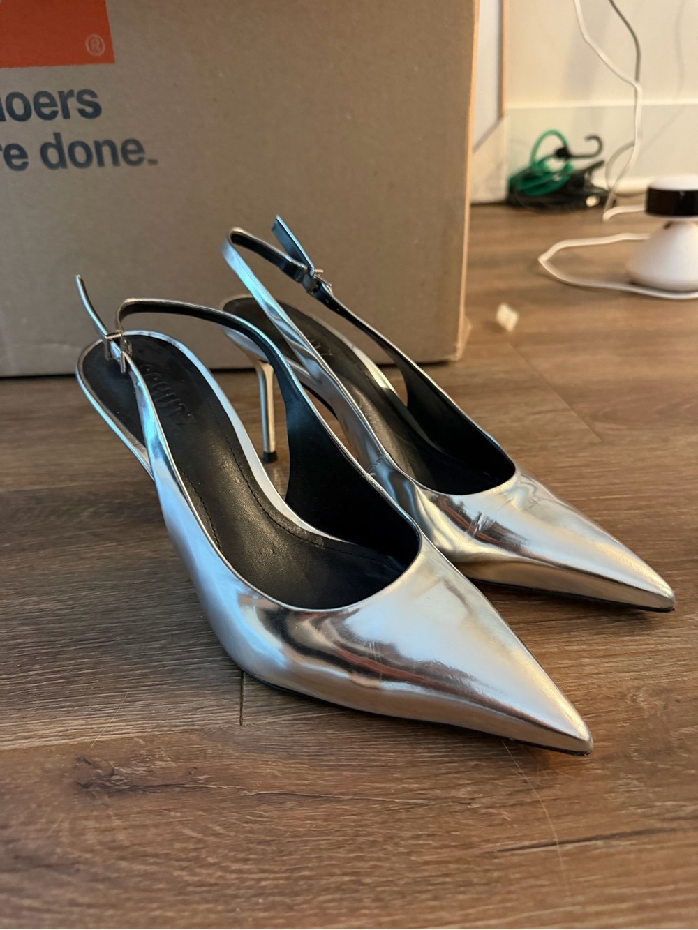 SCHUTZ - Metallic Silver Pointed-Toe Slingback Stiletto Heels